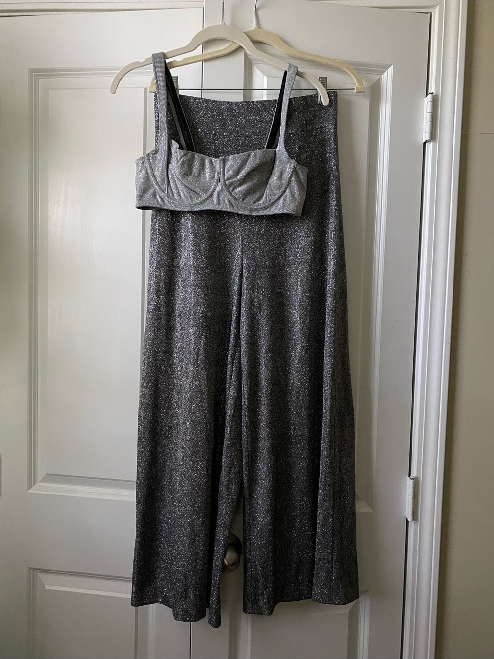 House of CB Sparkle Two-Piece Set - Silver Metallic Crop Top & Wide Leg Pants
